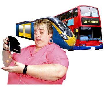 A woman holding a purse which only has a few coins in it and a train and bus behind her.