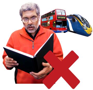A man reading a book with a train and a bus behind him and a red cross beside him.