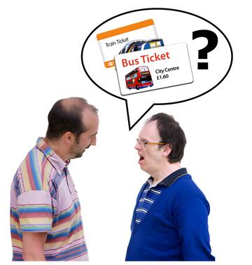 A man asking another man a question with a speech bubble with a bus ticket, a train ticket and a question mark in it.