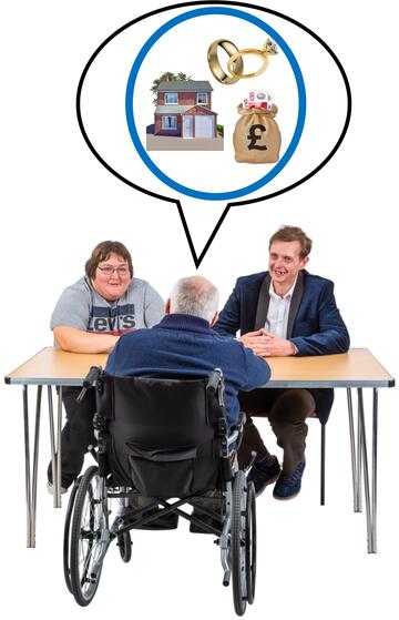 A man talking to 2 other people at a table.  The man has a speech bubble with a house, money and rings in it.
