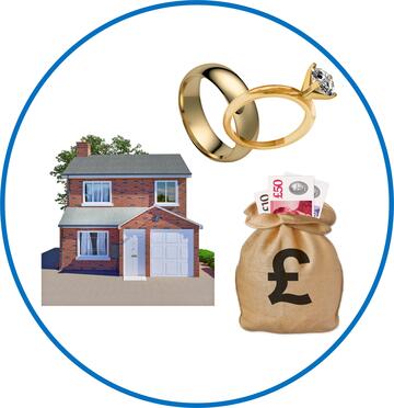 A house, 2 wedding rings and a bag of money in a blue circle.