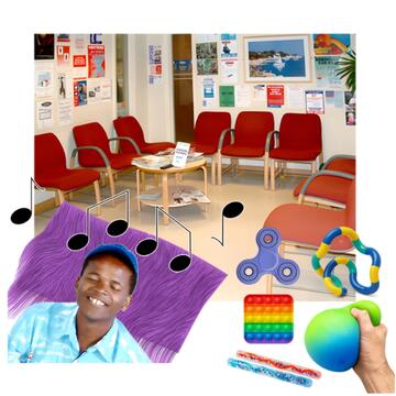 An empty waiting room, a man lying down listening to music and some sensory items.