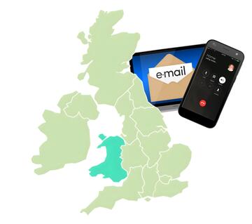 A map with Wales highlighted and a phone and email beside it.
