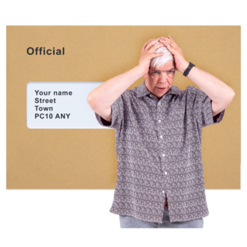 A brown envelope with a man looking worried