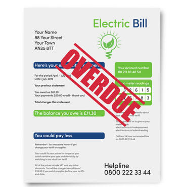 An electric bill with the words overdue written across it in red.
