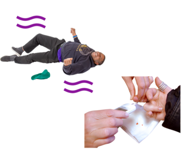 An image of a man having an epileptic seizure and a picture of someone having a diabetes blood sugar test