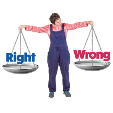 A woman is holding up some scales. One side says Right the other side says Wrong