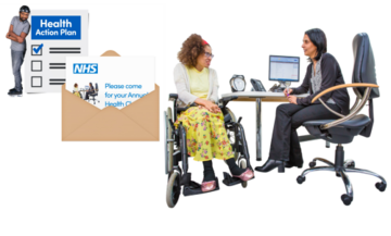 A letter requesting someone for an annual heath check next to a picture of a health action plan. Beside these two pictures is a photograph of a doctor talking to a patient at a desk