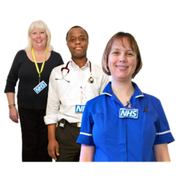 A surgery doctor, nurse and receptionist