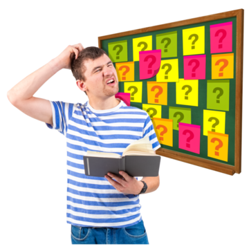 A man reading a book scratching his head next to a notice board with lots of post-it notes that have question marks on them