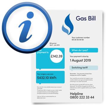 A gas bill with an information sign beside it.