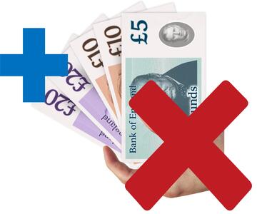 A red cross beside a plus sign and a hand holding some money.