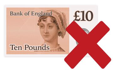 A ten pound note with a red cross beside it.