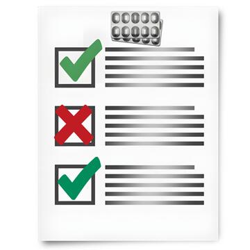 A piece of paper with an image of pills at the top and a list with ticks and a cross.