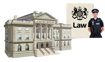 A building which says court house and a police officer standing beside it with a document that says law.