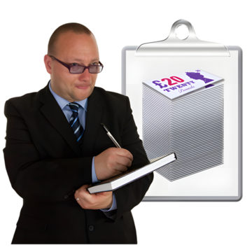 A man in a suit writing in a notebook with a stack of £20 notes on a clipboard.