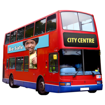 A red double-decker bus with an advertisement saying 'Be Safe' on its side and 'CITY CENTRE' on the front destination board.