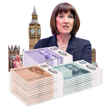 Woman standing in front of Big Ben and the Houses of Parliament with stacks of British banknotes.