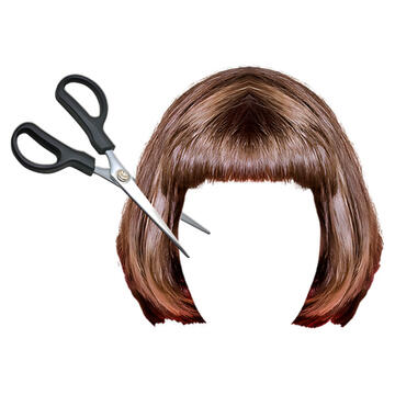 An outline of some hair and a pair of scissors.