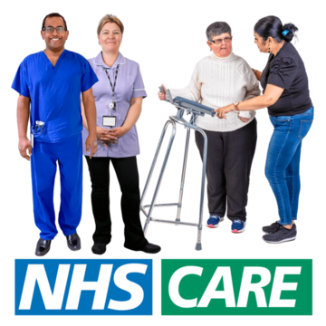 Group of healthcare professionals assisting an elderly woman with a walker.