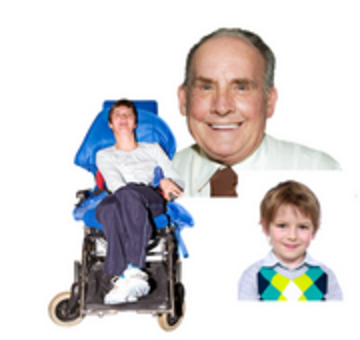 A young person in a wheelchair, a small boy and an elderly man