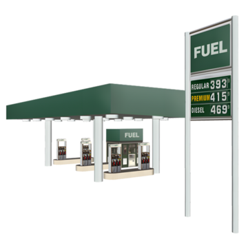 Petrol station with green roof and sign displaying fuel prices.