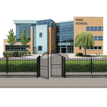 Modern high school building with open gates and surrounding trees.