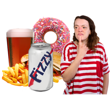 Person in a striped shirt contemplating unhealthy food and drink options including a donut, fries, burger, beer and a fizzy drink.