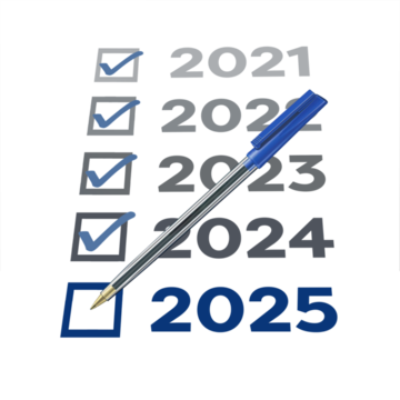 A checklist of years from 2021 to 2025 with a blue pen.