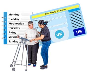 A diary page with the days of the week, a Blue Badge and a woman helping a woman with a walking frame.