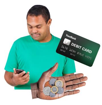 A man looking at his phone, a hand with coins in and a bank card.