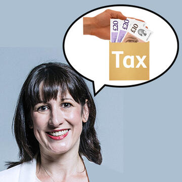 A woman with shoulder length dak hair with a speech bubble with an image of a hand and an envelope with money labelled Tax