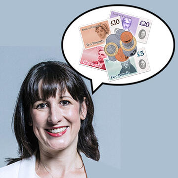A woman with shoulder length dak hair with a speech bubble with images of British money inside