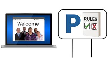 A computer with the word welcome on the screen and a parking sign with a rule book on it.