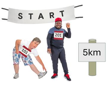 Two people in sports clothes with a start banner and a 5km sign.