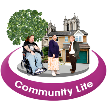 Three people in front of a house and church with 'Community Life' text.