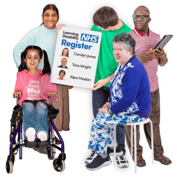 A group of five people with a sign for the Learning Disability NHS Register.