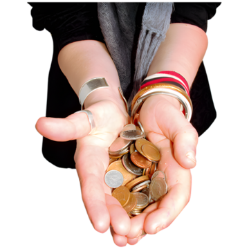Hands holding a variety of coins with multiple bracelets on the wrists.