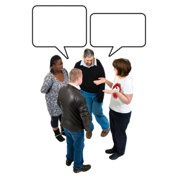 A group of people talking with speech bubble above their heads