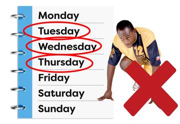 A diary with circles around Tuesday, Wednesday and Thursday.  Beside the diary is a man in running gear crouching down and a red cross beside him. 