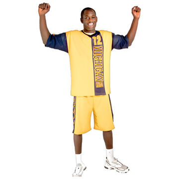 A man wearing shorts and tshirt looking happy with his arms raised.