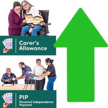 A green arrow pointing up next to graphics representing Carer's allowance and Personal Independence Payment
