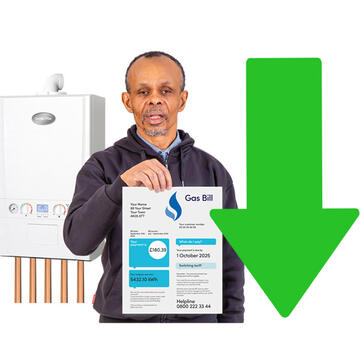 Man holding gas bill in front of a white gas boiler next to a green arrow pointing down