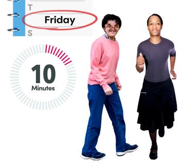 A diary with the word Friday circled, a timer showing 10 minutes, a man walking and a woman running.