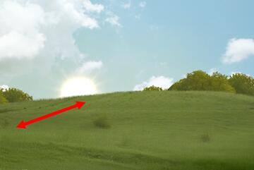 A hill with some trees and a double headed arrow on the hill.