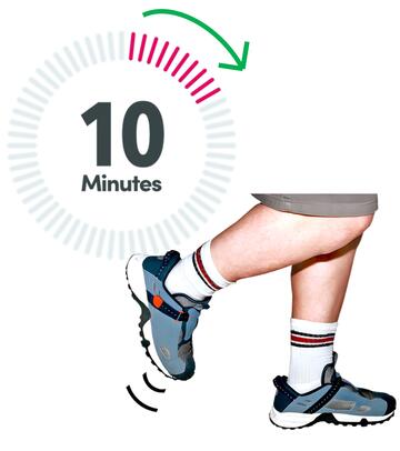 A timer showing 10 minutes beside someone wearing some trainers and running.