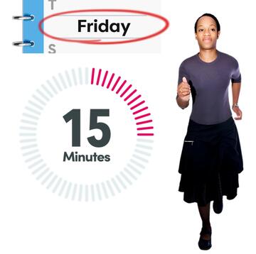 A diary with the word Friday circled, a timer showing 15 minutes and a woman running.