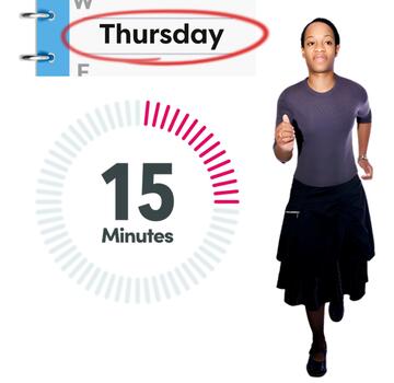 A diary with the word Thursday circled, a timer showing 15 minutes and a woman running.