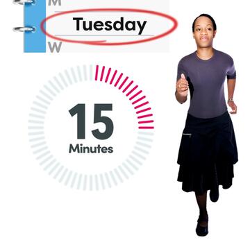 A diary with the word Tuesday circled, a timer showing 15 minutes and a woman running..