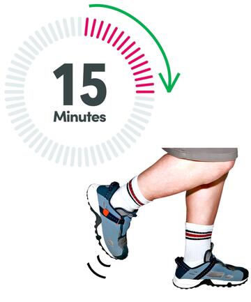 A timer showing 15 minutes beside someone wearing some trainers and running.